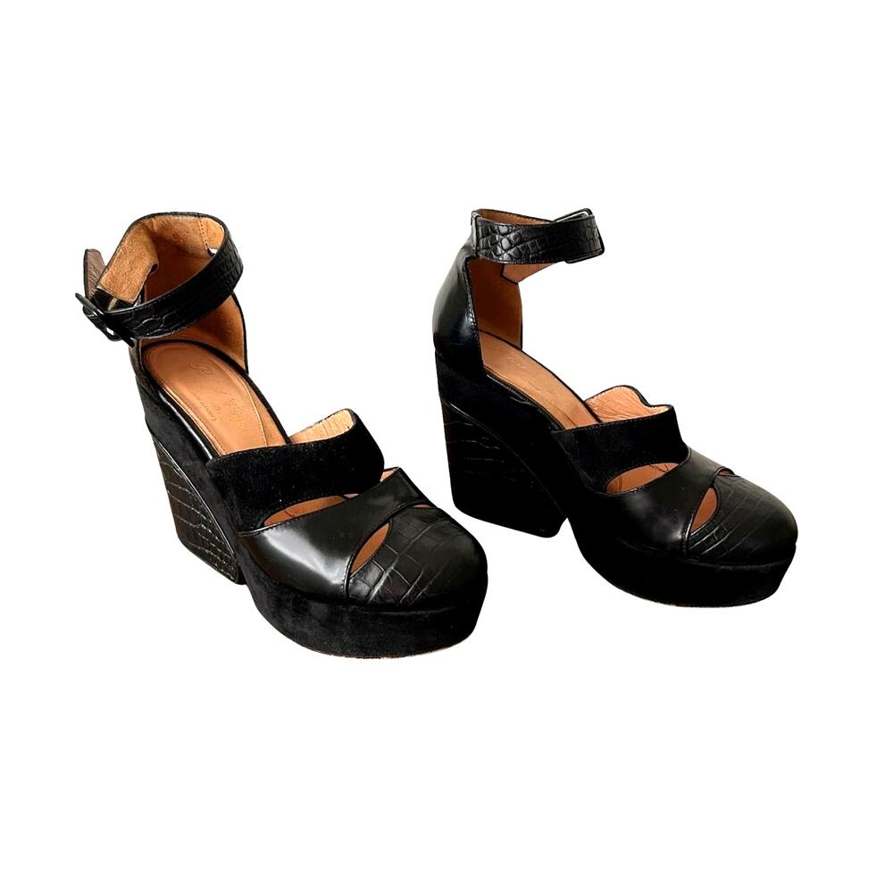 Y2K Robert Clergerie Black Suede & Croc Embossed Wedge Sandals – Size 6.5 France